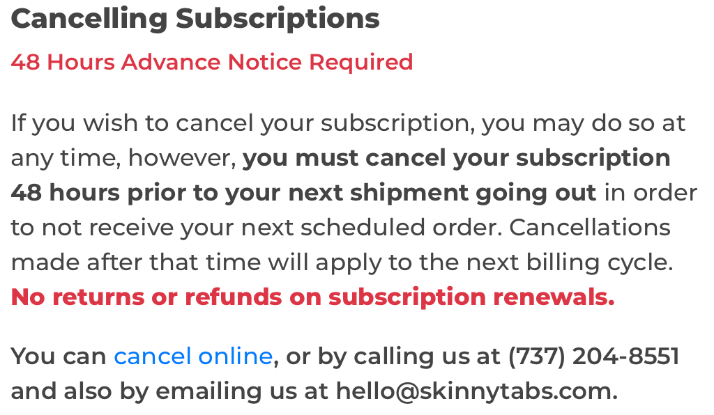 skinnytabs cancellation